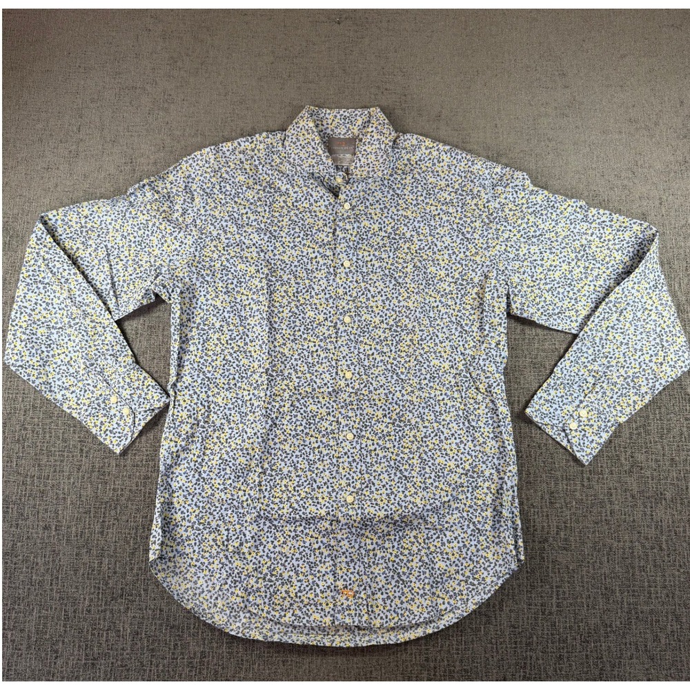 Thomas Dean Mens Medium Blue Yellow Ditsy Floral Cotton Button Down Shirt